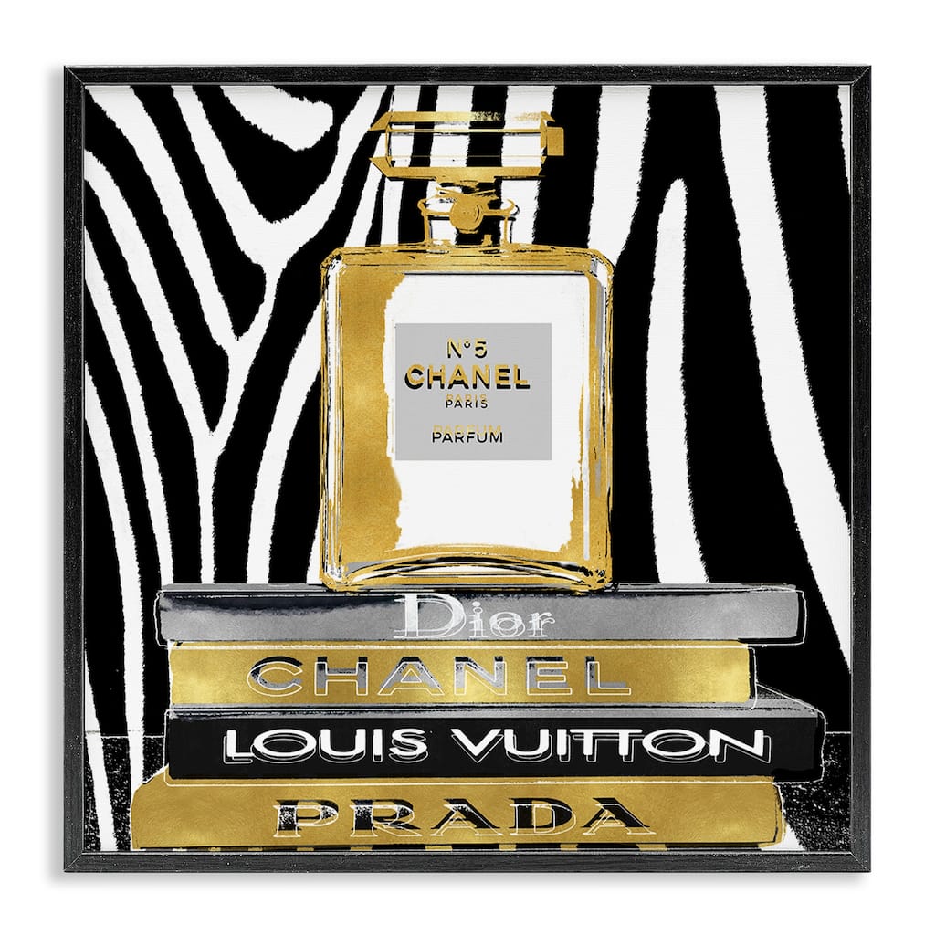 Stupell Glam Fragrance Fashion Book Stack Black Zebra Print Framed Wall Art, 12 x 12