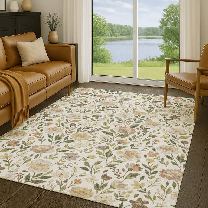 Machine Washable Indoor/ Outdoor Floral Garden Chantille Rug