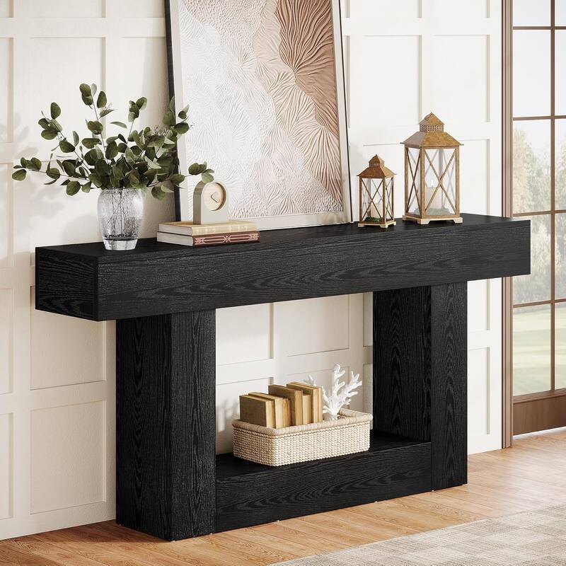 63 Inches Brown/ Gray Wood Hallway Table, Farmhouse Console Table for Entryway