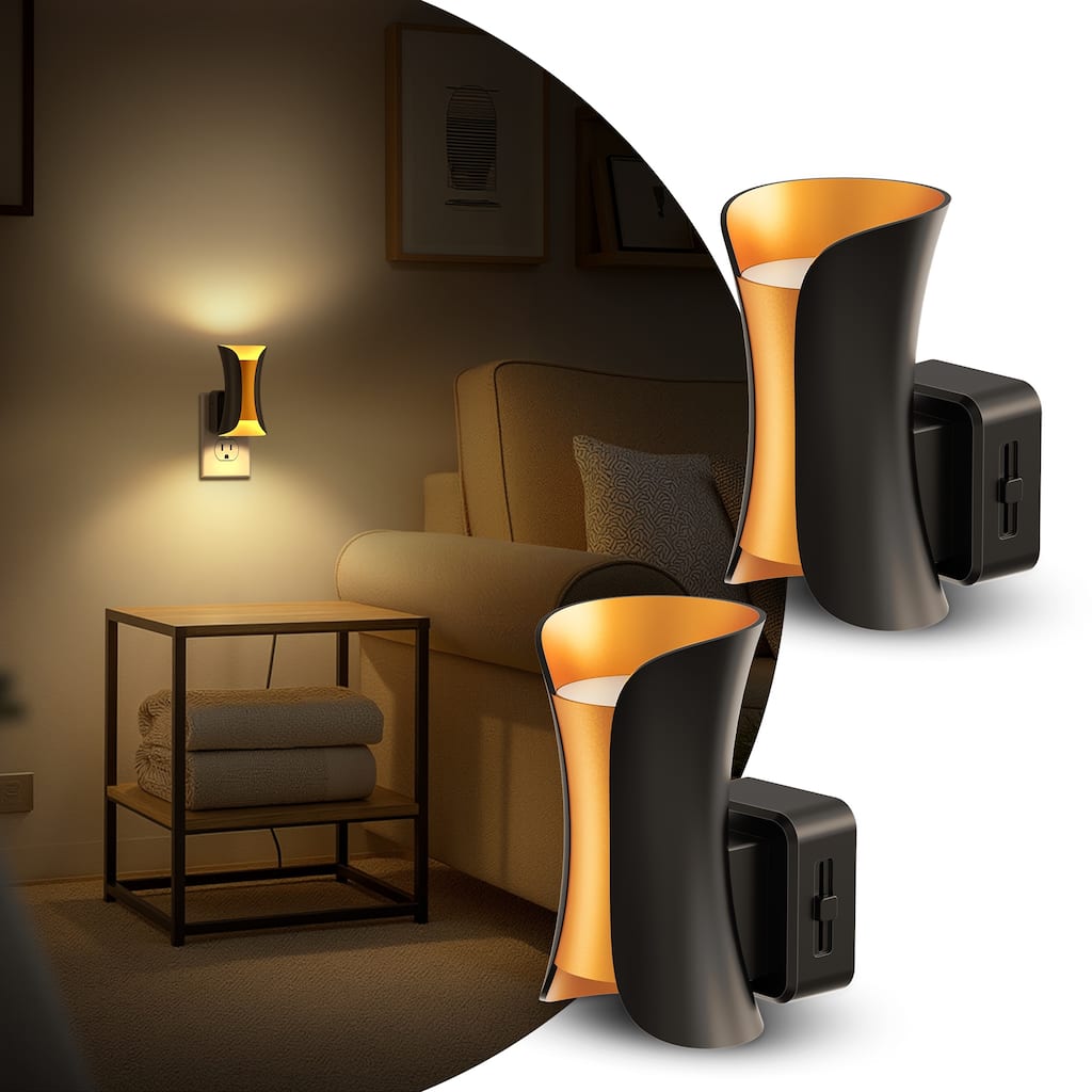 YANSUN Set of 2 Plug in Night Lights Dusk to Dawn Sensor Slim Wall Sconce Black Champagne Gold Warm Dimmable Auto Lighting