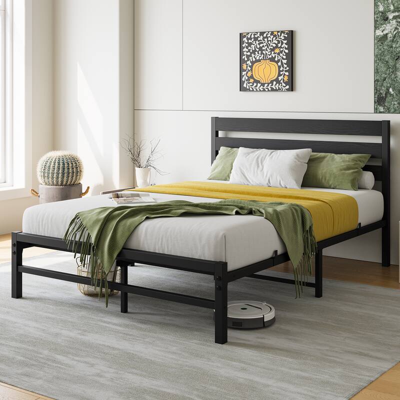 Industrial Vintage Bed Frame for Twin/Full/Queen Mattress, Strong Metal Slats, Wood Headboard, and Under-Bed Storage