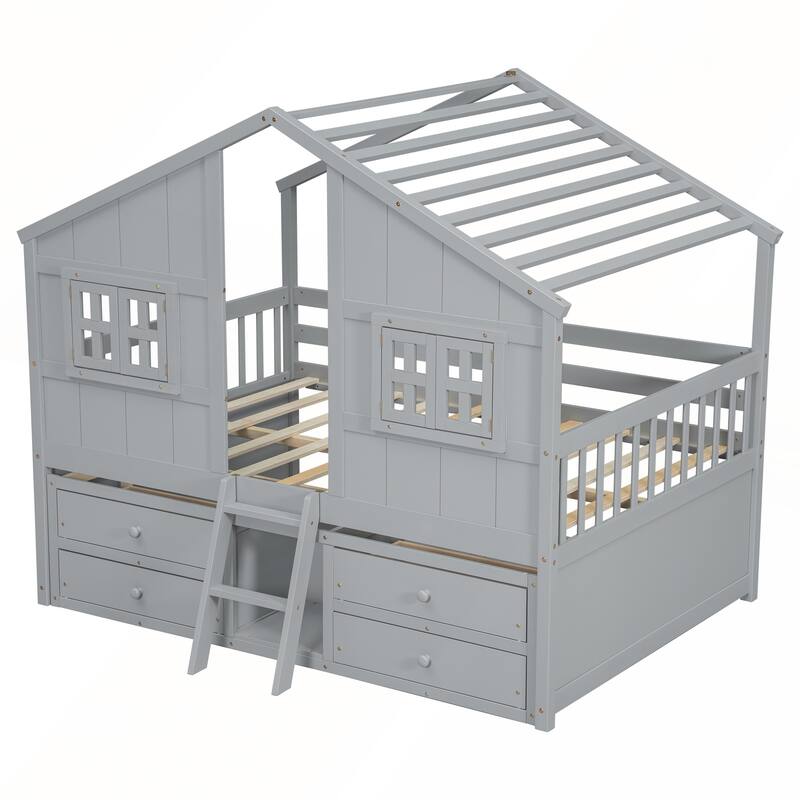 Full Size House Loft Bed with 4 Storage Drawers and Safety Guardrails