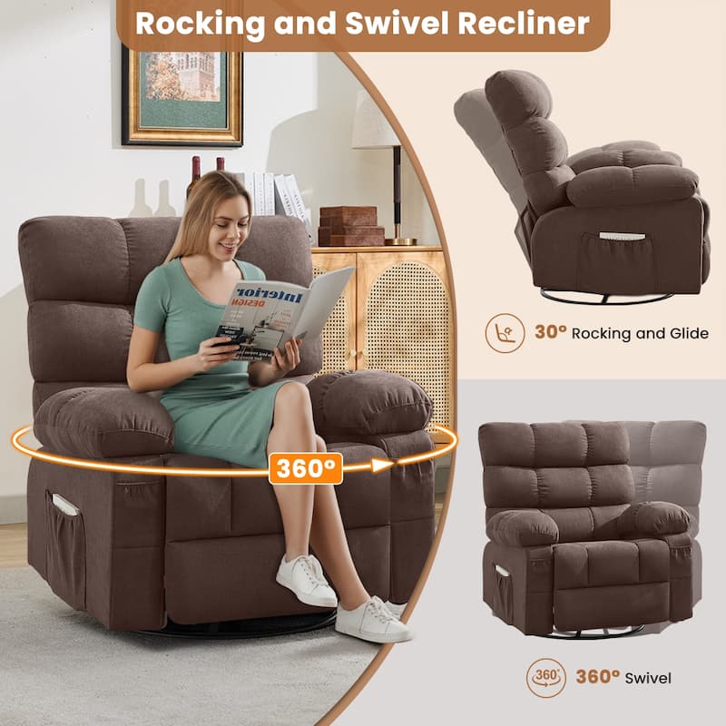 Swivel Rocker Recliner Chair 360° Manual with Side Pockets for Adults