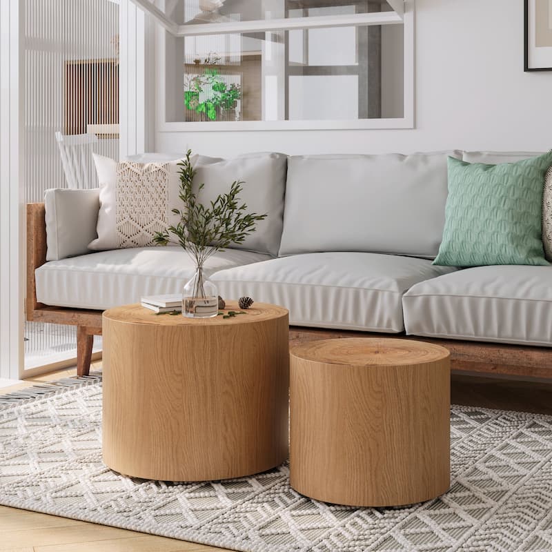 Modern Round Nesting Coffee Table Set of 2, Wooden Drum Accent Tables for Small Spaces