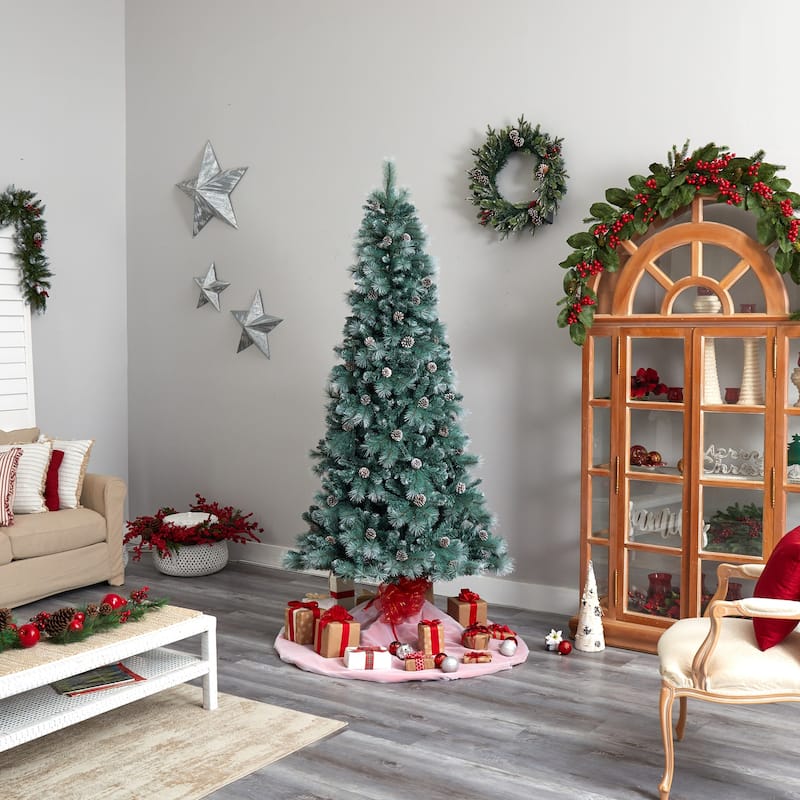 8ft. Frosted Tip Pine Artificial Christmas Tree with 500 Clear Lights, Pine Cones & 1112 Branches - Snow-Kissed X-Mas Tree