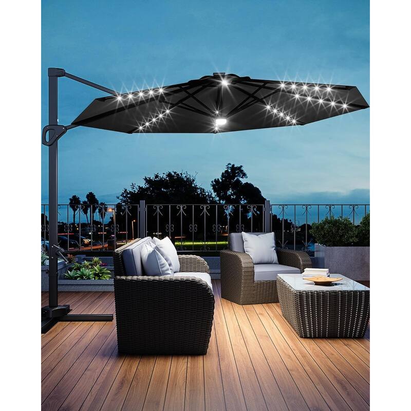 10FT Outdoor Cantilever Umbrella Patio Umbrella Solar LED with Base Included, 360-Degree Rotation - Grey