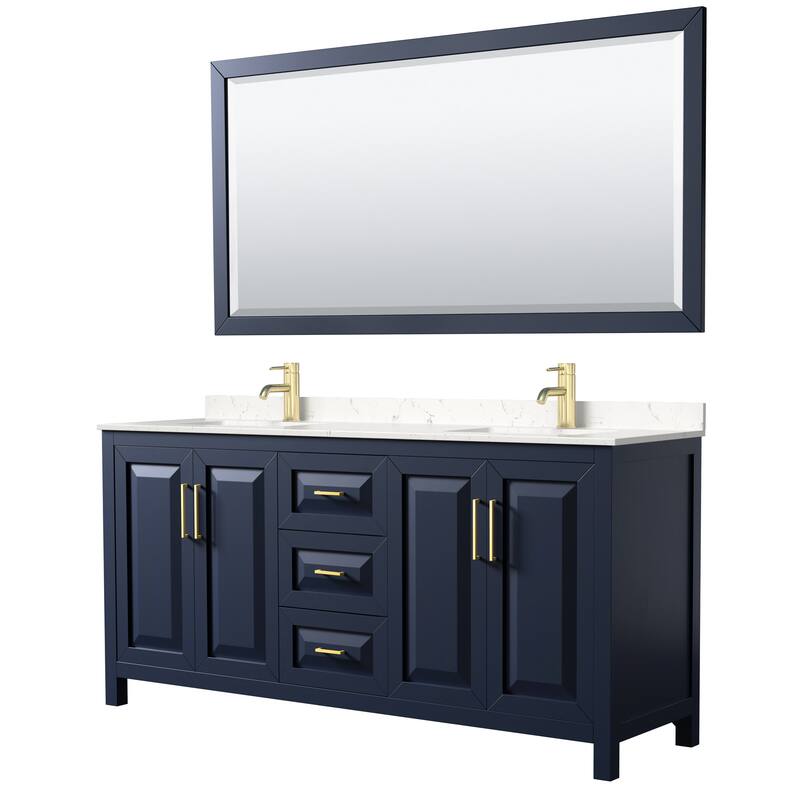 Wyndham Collection Daria 72" Free Standing Double Basin Vanity Set - Dark Blue / Carrara Cultured Marble Top / Brushed