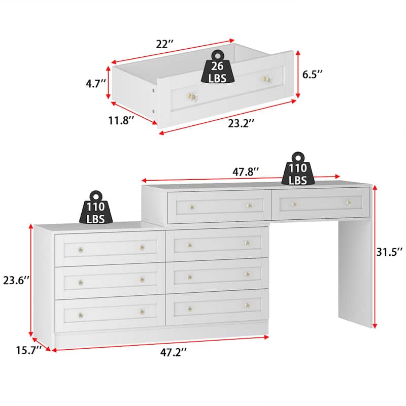 White Dresser & Vanity Combo Spacious Storage with Chic Crystal Knobs