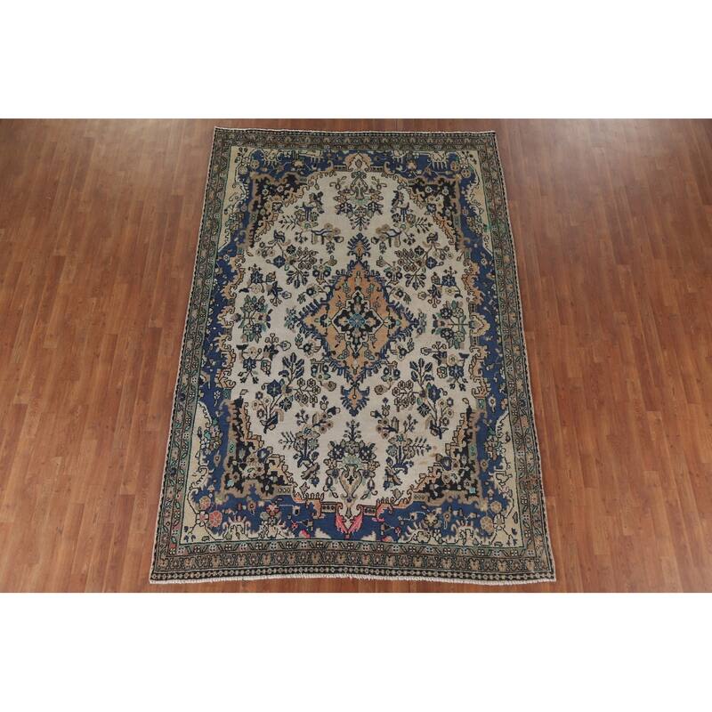 Hand Knotted Oriental 100% Wool Carpet Traditional Medallion Beige & Ivories Hamedan Area Rug - 9' 11'' X 6' 7''