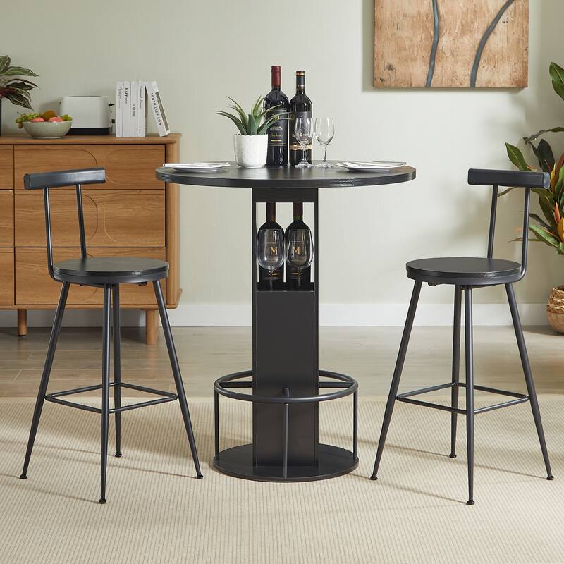 3-Piece Bar Table and Stool Set 31.5-inch round bar table with two stools Compact wooden dining bar with metal ring footrest