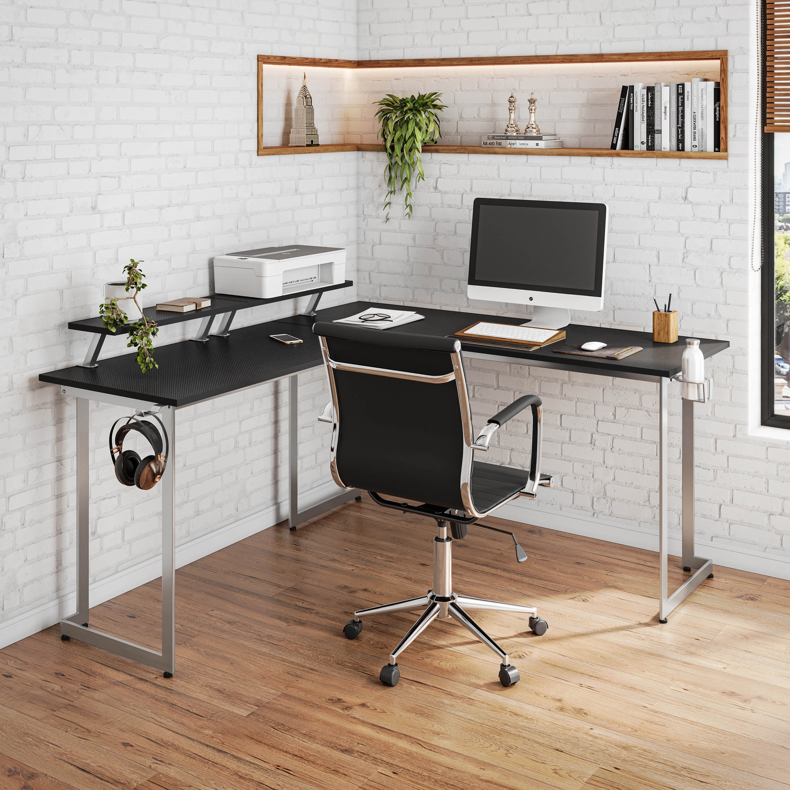 Techni Sport L-Shaped Gaming Desk with Dual Monitor Stands, Carbon Fiber Surface with Retractable Cup Holder, Black