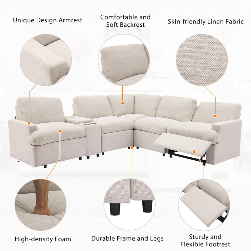 104" Linen Power Recliner Sectional 4-Seat Sofa with Storage, USB Ports and Cup Holders