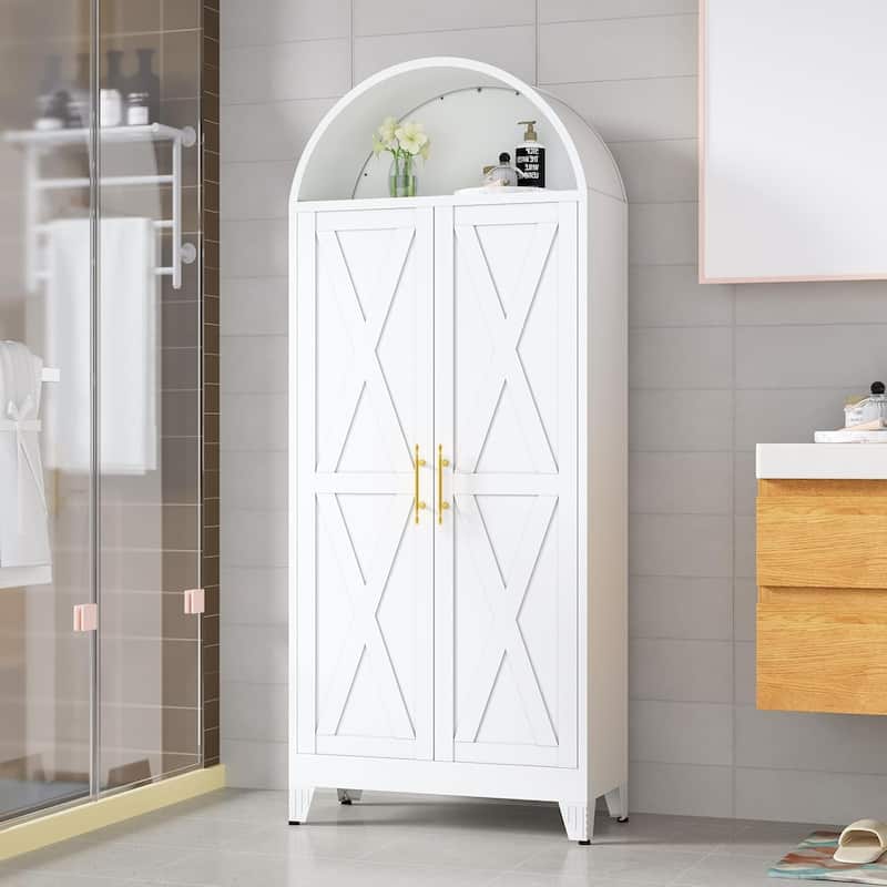 73"H Metal Arched Kitchen Pantry Cabinet with 2 Door and Adjustable Shelves - White