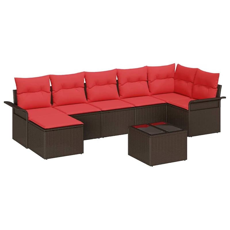 vidaXL 7/8 Garden Sofa Set with Cushions Black/Brown/Grey Poly Rattan - 117.1 x 52.2 x 27.2