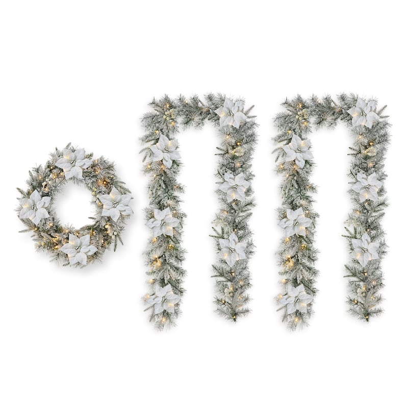 Glitzhome Pre-Lit Snow Flocked Christmas Wreath or Garland With LED and Timer - Set of 3- 9ft Garland + 24" Wreath