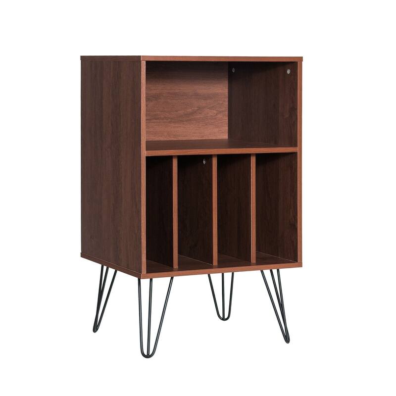 Freestanding Record Player Stand with Storage and Metal Legs - Brown
