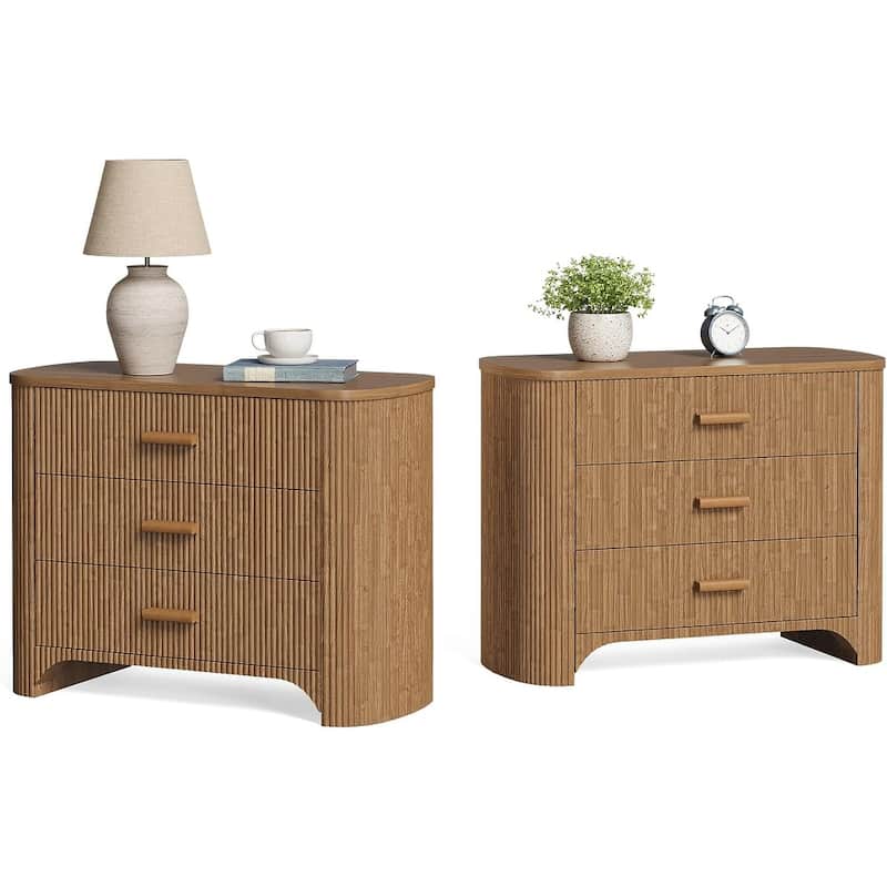 3-Drawer Fluted Nightstands, 31.5'' W Oversized Night Stand Bedside Table - Brown (2 pcs)