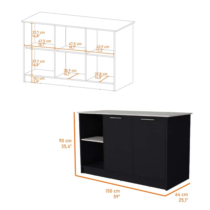 Kitchen Island with Black & Onyx Finish, Double Door Cabinets, 2 Open Shelves, 59" Countertop