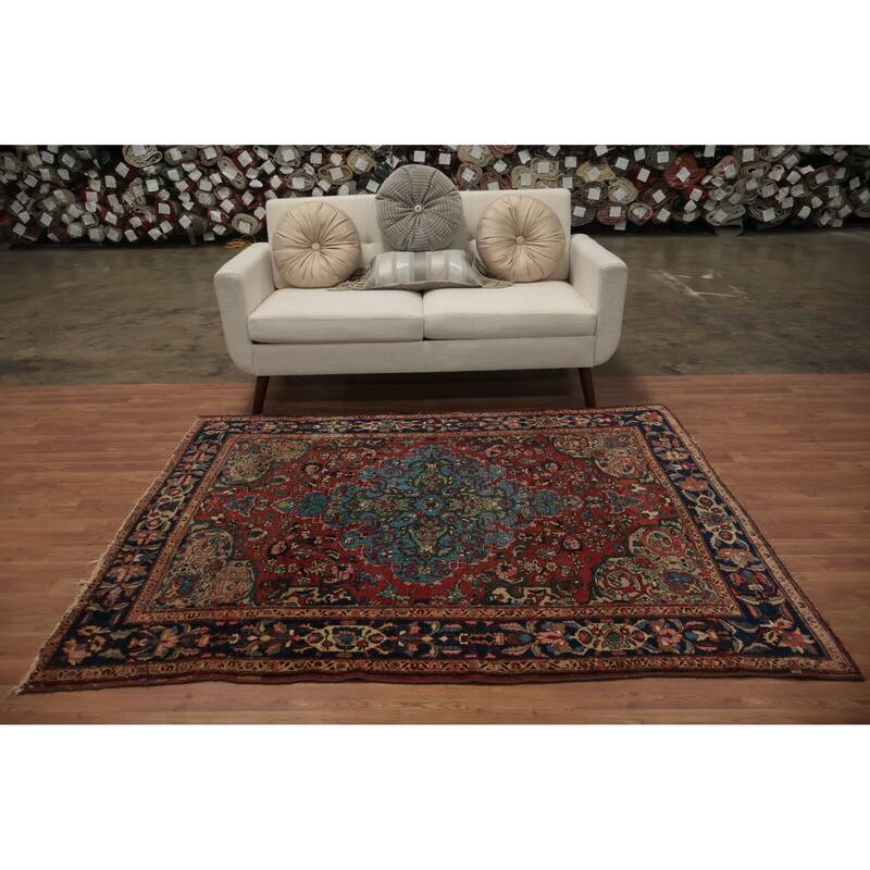 Hand Knotted Oriental 100% Wool Carpet Traditional Floral Navy Blue & Blues Bakhtiari Area Rug - 6' 6'' X 5' 2''