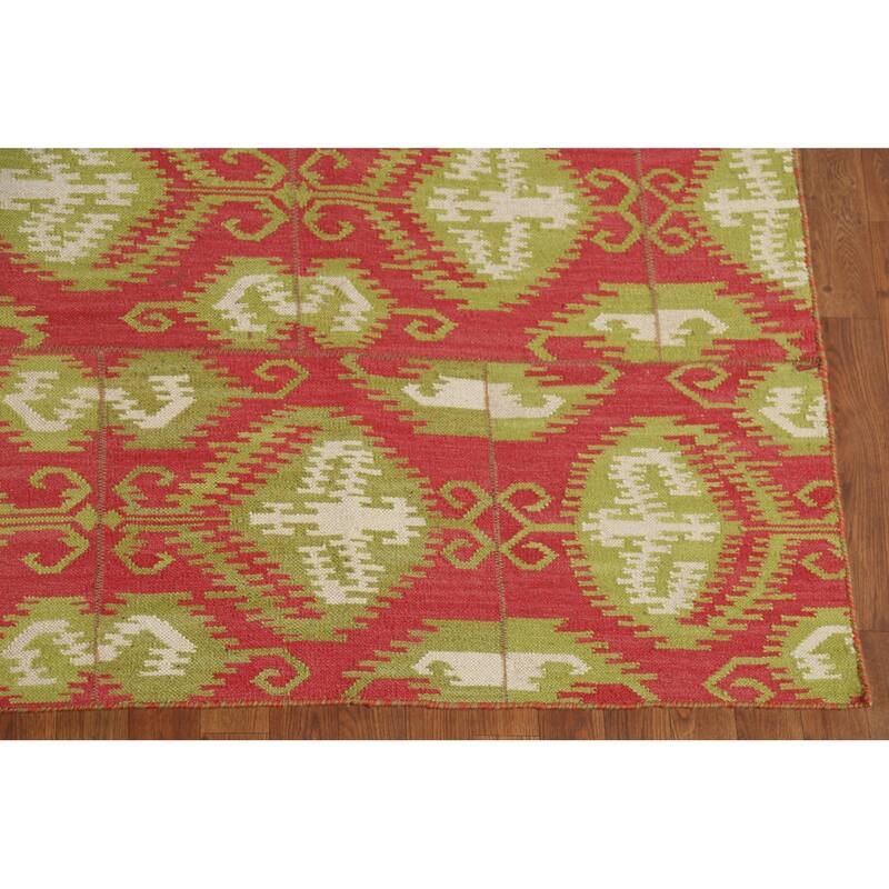 Kilim Oriental Area Rug Flatweave Geometric Pink Wool Carpet - 8'0"x 10'11"
