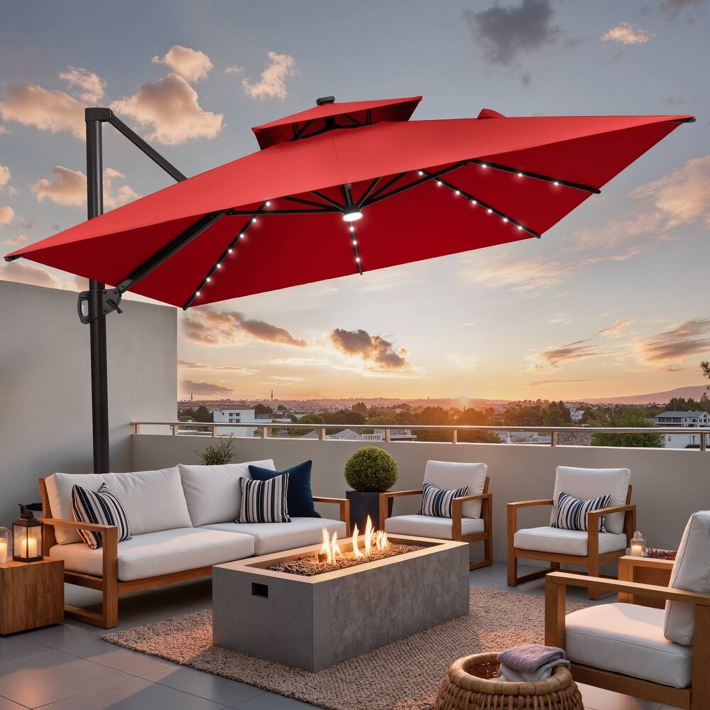 9 X 11 FT Outdoor Patio Cantilever Umbrella with Solar Lights Double Canopy 360 Rotation Tilt