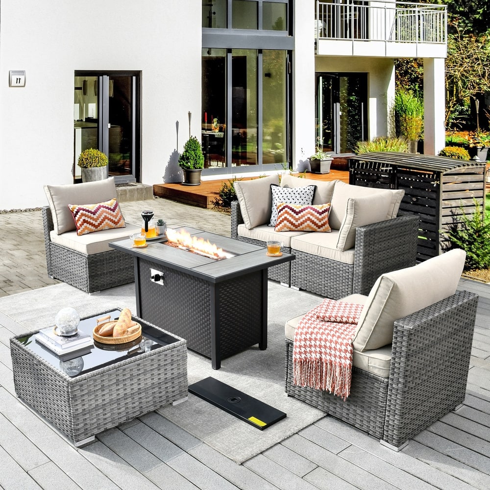 XIZZI 6-piece Patio Furniture Set Outdoor Sectional Rattan Sofa with Firepit