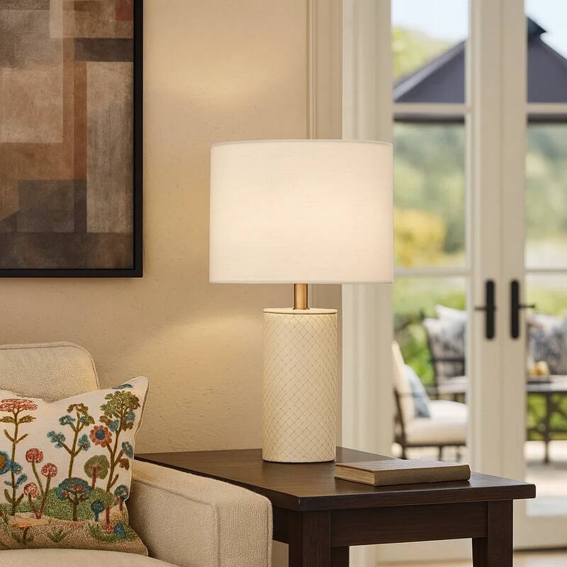 Myn Table Lamp, 18 Inch, White Linen Drum Shade, Cream Leather Base