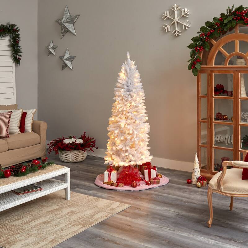 6’ Pre-Lit Slim Artificial White Christmas Tree, Clear LED Lights - 6 Foot