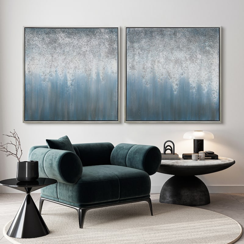 Blue Rain Textured Glitter Hand Painted Canvas Wall Art Set of 2
