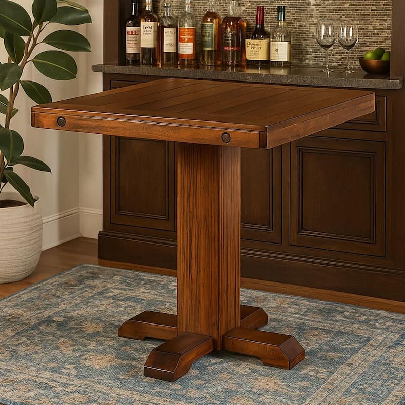 Reggie Bar Table, Adjustable Pedestal Base, 36 Inch Square Top, Brown