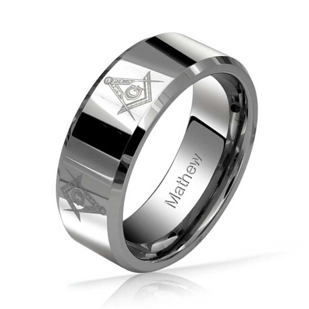 Gold Masonic Engraved All Around Black IP Stainless Steel 8mm Wide Band Ring 