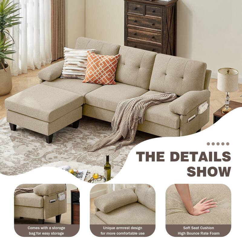 86.22" Wide Sectional Sofa with Ottoman & Side Storage Bags