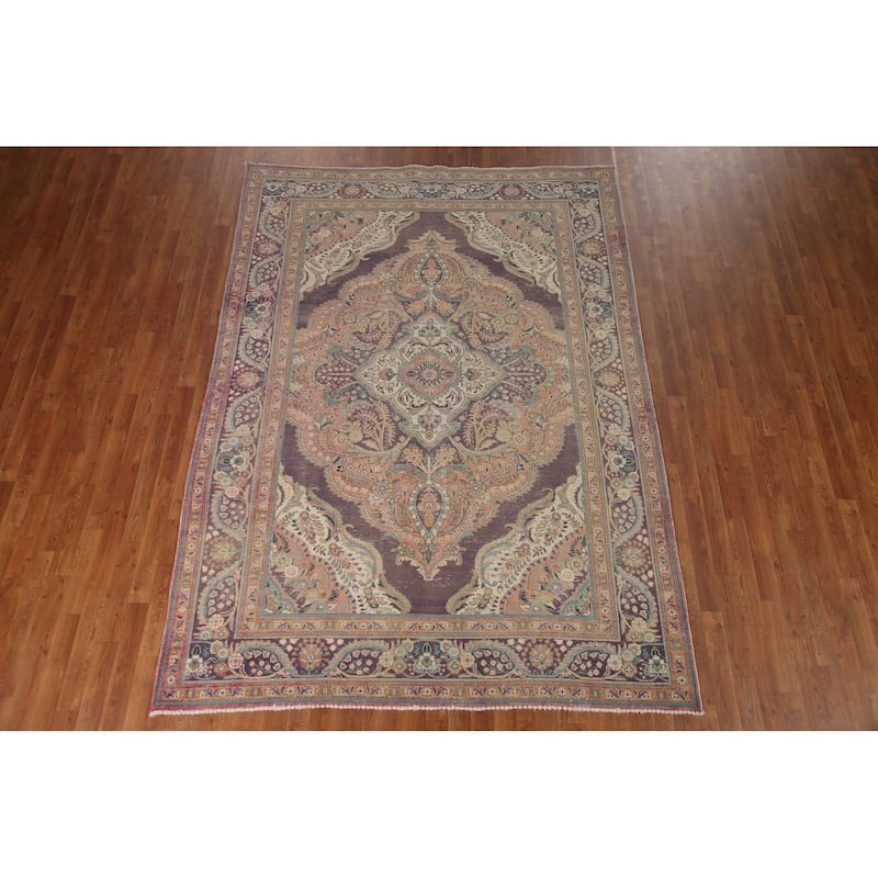 Geometric Tabriz Persian Vintage Area Rug Hand-knotted Wool Carpet - 6'8" x 9'4"