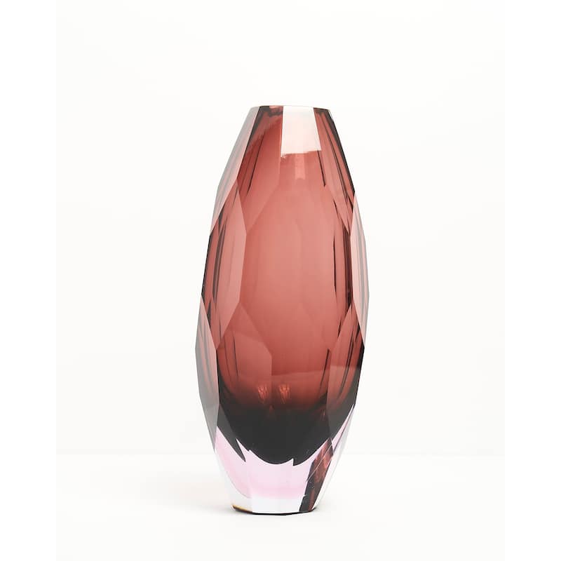 Plum Purple 6" Art Deco Cut Glass Squat Oval Vase for Modern Decor - Purple