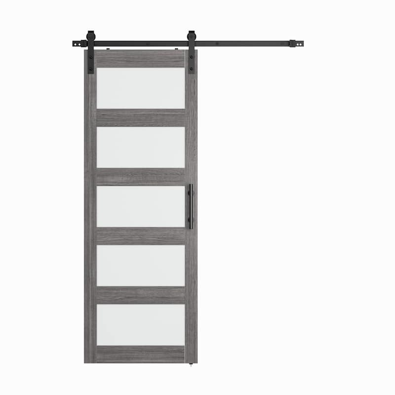 Sanding 30in./36in./42in.x 84in. 5 Frosted Glass White/Grey PVC Surface MDF Sliding Barn Door With Hardware Kit