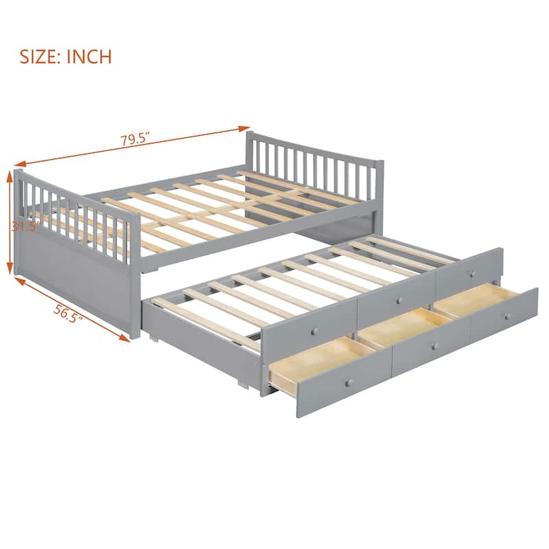 Daybed with Trundle and 3 Drawers, Solid Wood Twin/Full Daybed with Storage, Space-Saving Guest Bed
