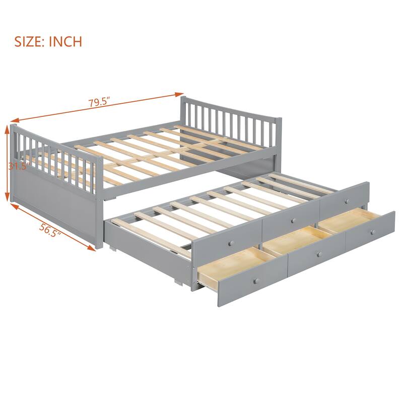 Wood Captains Bed Storage Daybed Full Size Platform Bed with Twin Size Trundle and Drawers, Built-in Smoothly Casters