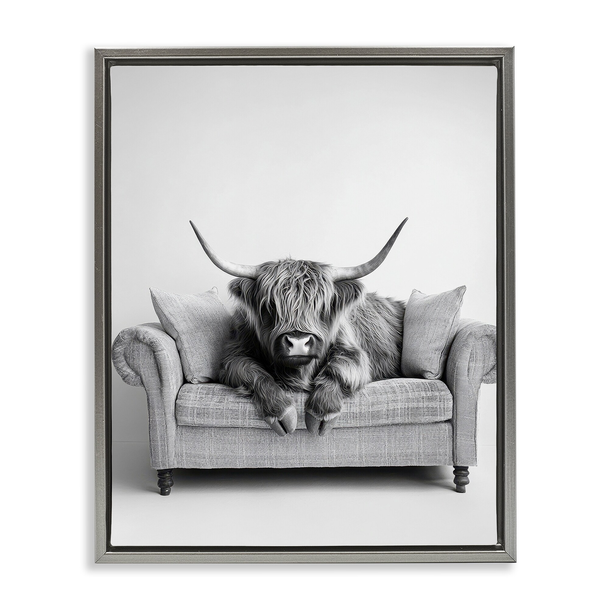 Stupell Highland Cattle on Couch Framed Floater Canvas Wall Art Design By Petal Prints Design