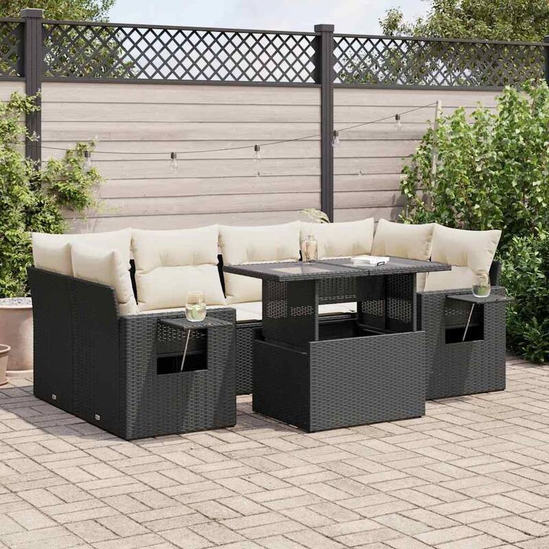 vidaXL Patio Sofa Set with Cushions Outdoor Furniture 7 Piece Poly Rattan - 24.4 x 24.4 x 27.2 - Black and Cream-with storage