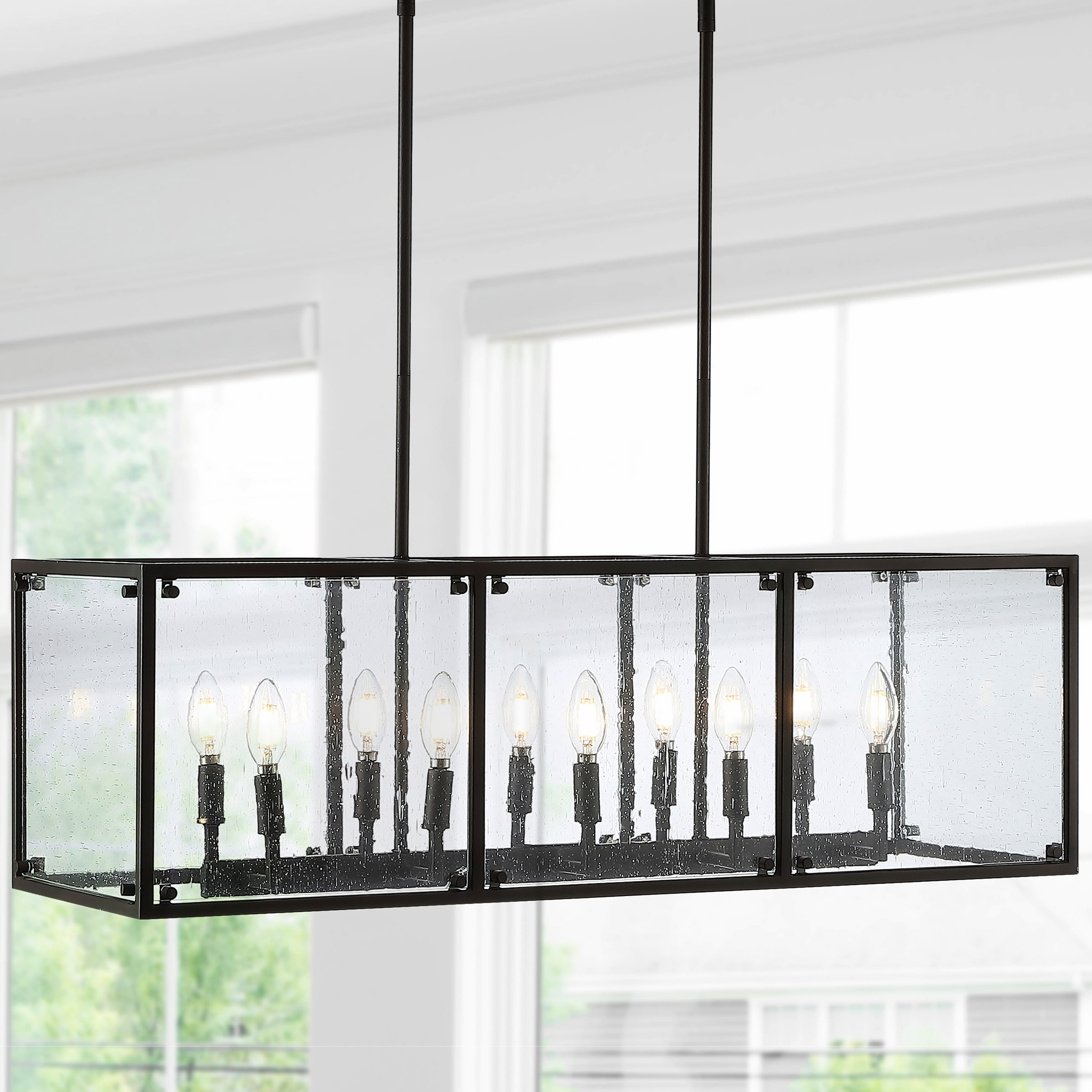 JONATHAN Y Atelier 35" Linear 10-Light Adjustable Iron/Seeded Glass Rustic Farmhouse LED Pendant, Oil Rubbed Bronze
