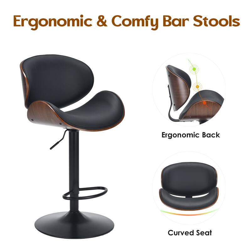 Swivel Bar Stools Set of 2, Adjustable Height Bentwood Barstools with PU Leather Upholstered Seat, Backrest and Footrest