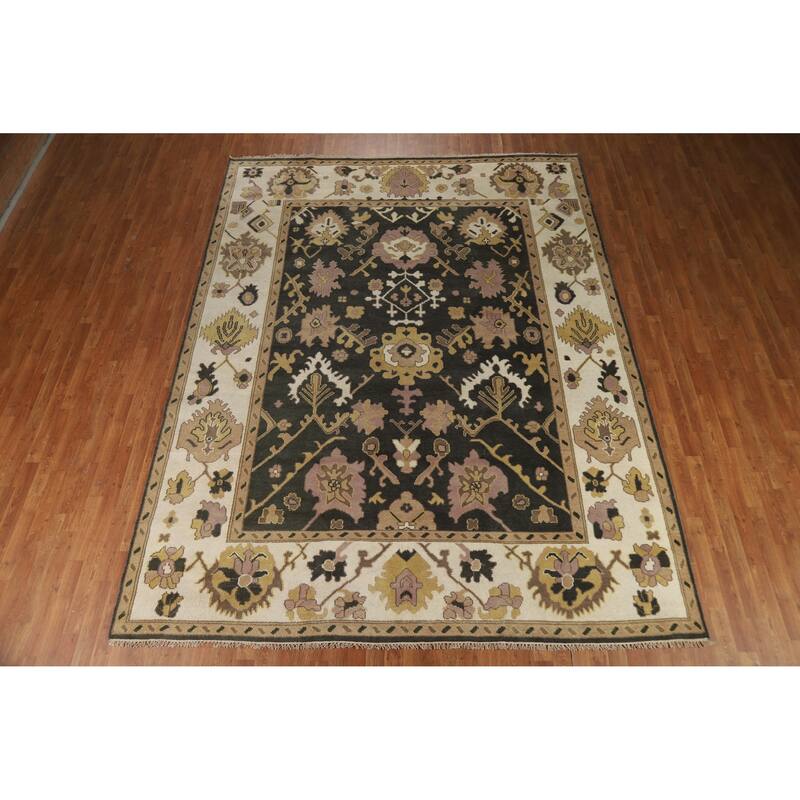 Charcoal Ivory Oushak Indian Area Rug Hand-Knotted Wool Carpet - 9'0" x 11'9"