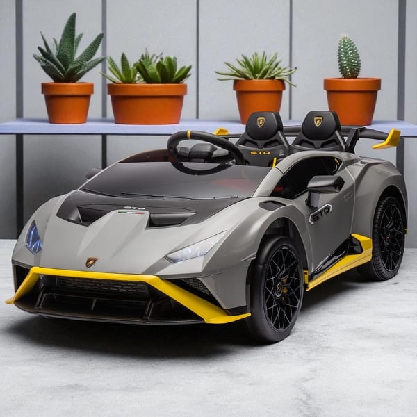 slide 2 of 21, Lamborghini Huracan STO 24V Kids Ride-On Drift Car with LED Lights, 360° Spins, Music, and Remote Control Grey