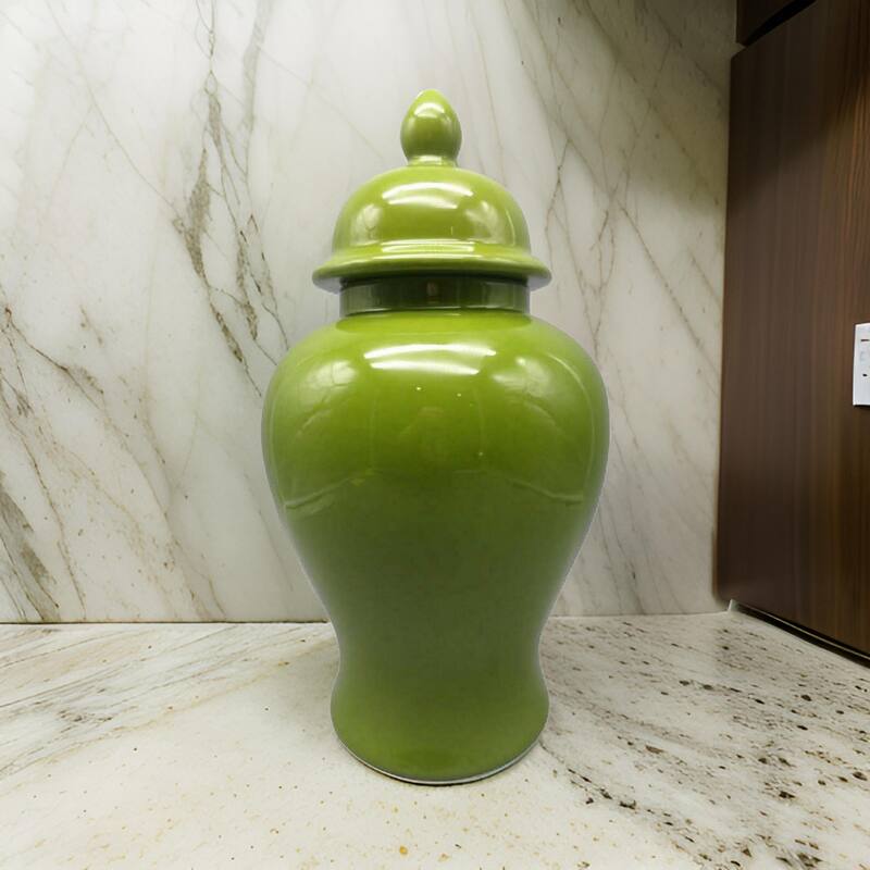 Teli 18 Inch Decorative Temple Ginger Jar, Smooth Ceramic, Glossy Green