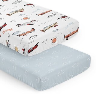 Sweet Jojo Designs Vintage Airplane Boy 2 Pack Fitted Crib Sheets Blue Cloud Airplanes Air Plane Transportation Aviator Aviation