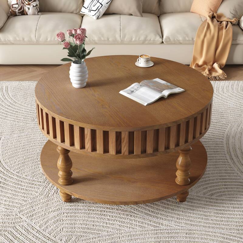 Farmhouse Fluted Coffee Table with Storage and Flip-Top Lids