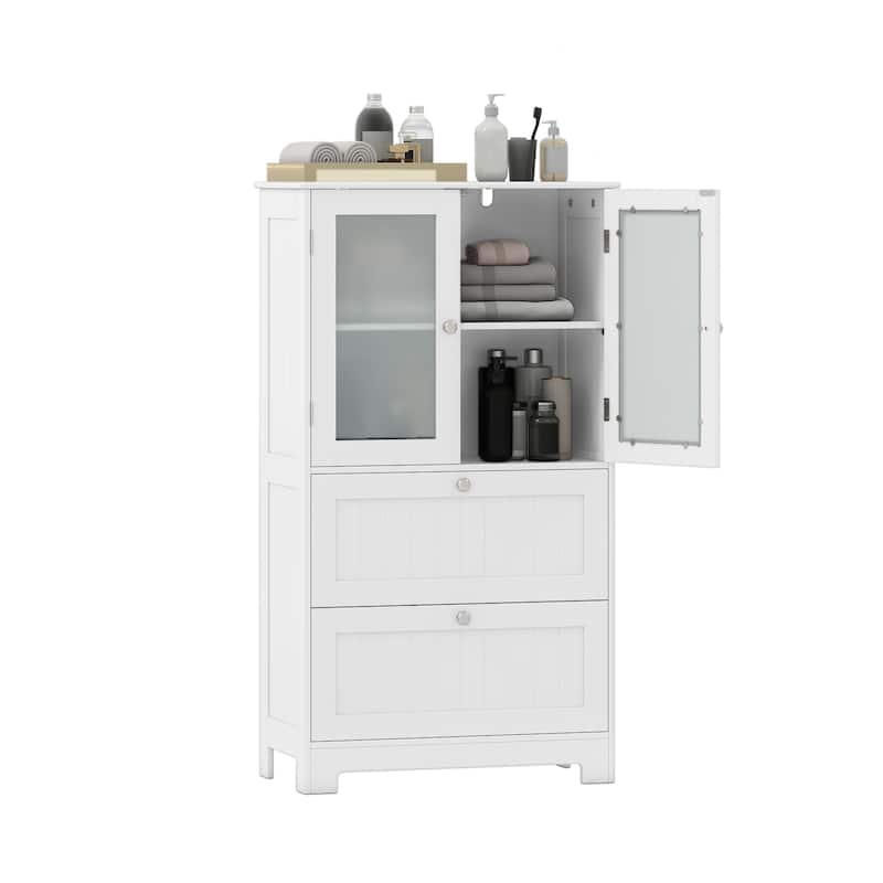 White Freestanding Floor Storage Cabinet with Glass Doors and 2 Drawers and Adjustable Shelf for Bathroom - 23.5" x 12" x 42.5"