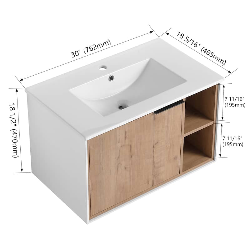 BNK 20"/24"/30" Single Sink Bathroom Vanity with Soft Close Door or Right Side Shelves, Modern Floating Vanity - 30''W - IMO