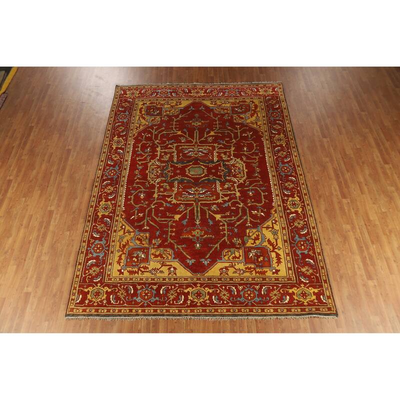 Red Medallion Heriz Serapi Indian Area Rug Hand-Knotted Wool Carpet - 8'8" x 11'9"