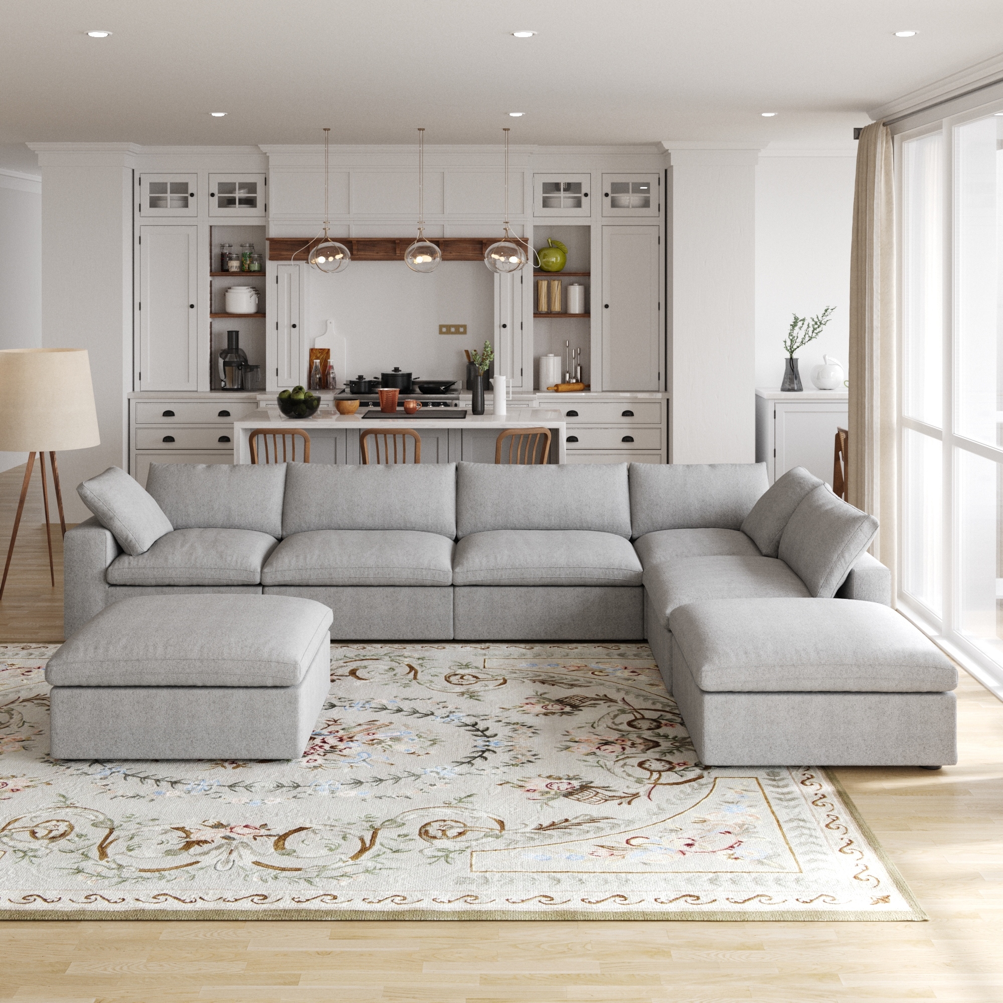 160 in. Free Combination Overstuffed Down Filled Comfort Linen U shape 6 Seat Sofa Modular Sectional with Ottoman Grey
